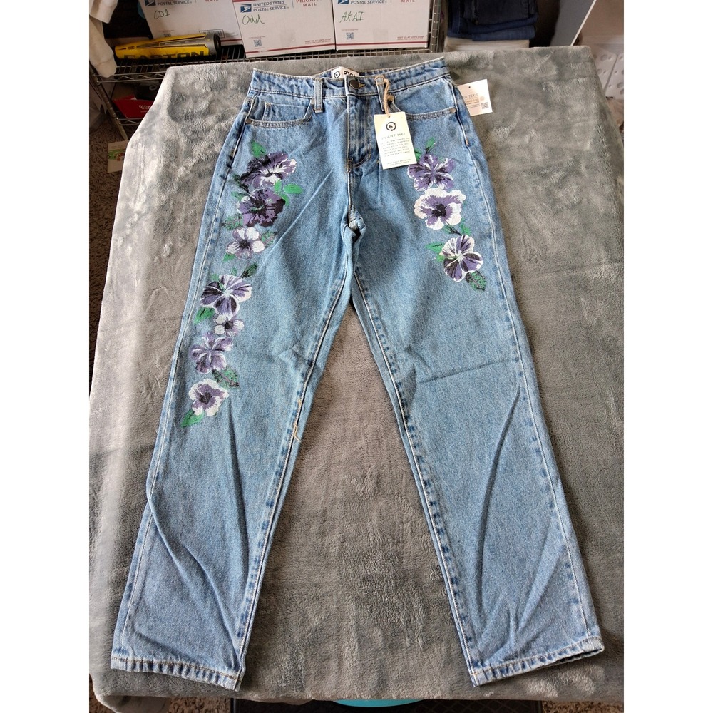 PTCL Ethical Clothing Floral Painted Straight Leg Jeans Medium Wash NWT Women 26